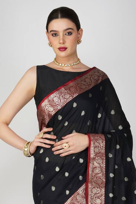 Zal From Benaras Black Silk Embroidery Round Neck Flower Hand Woven Motif Saree at Aza Fashions Zal From Benaras_Black Silk Embroidery Round Neck Flower Hand Woven Motif Saree_at_Aza_Fashions