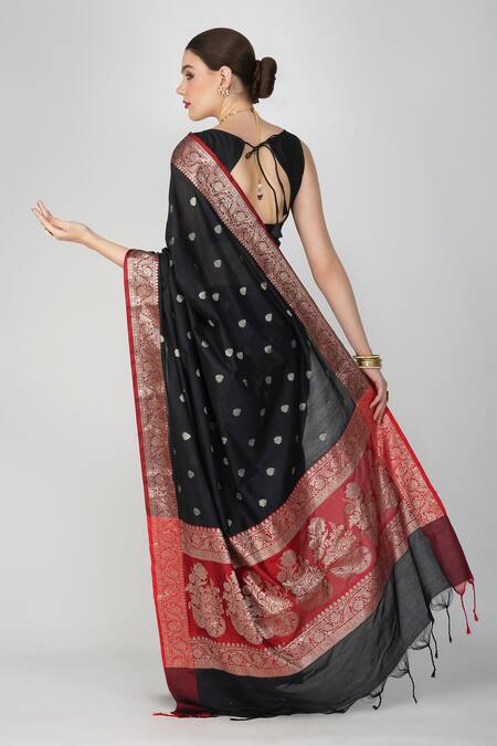 Shop Zal From Benaras Black Silk Embroidery Round Neck Flower Hand Woven Motif Saree at Aza Fashions Shop_Zal From Benaras_Black Silk Embroidery Round Neck Flower Hand Woven Motif Saree_at_Aza_Fashions