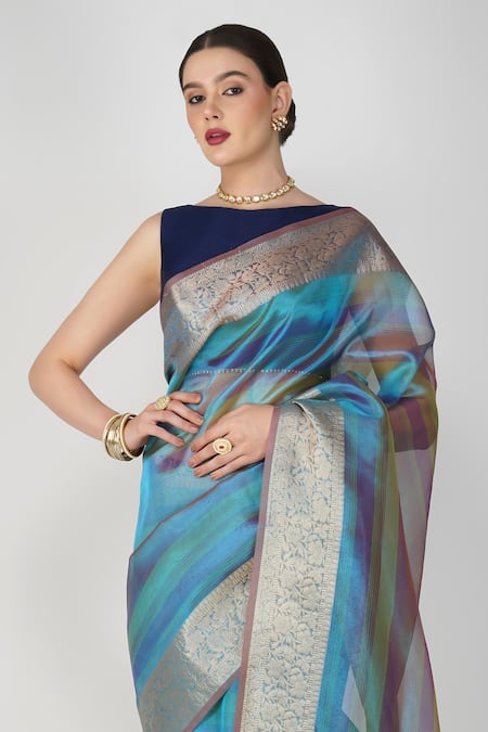 Zal From Benaras Blue Tissue Embroidery Floral Motif Hem Silk Saree Online at Aza Fashions Zal From Benaras_Blue Tissue Embroidery Floral Motif Hem Silk Saree _Online_at_Aza_Fashions