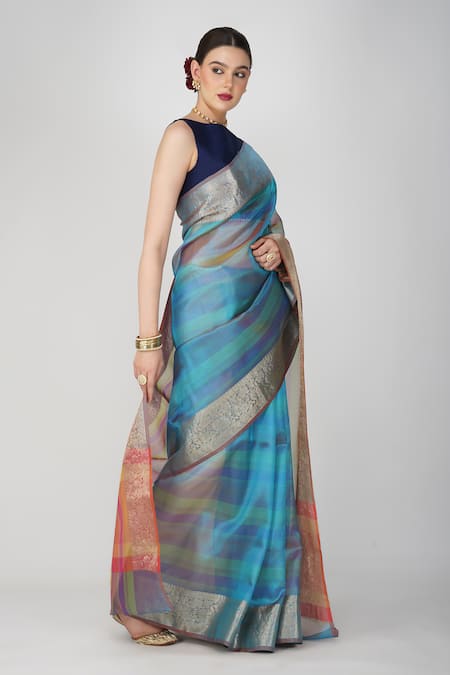 Buy Zal From Benaras Blue Tissue Embroidery Floral Motif Hem Silk Saree Online at Aza Fashions Buy_Zal From Benaras_Blue Tissue Embroidery Floral Motif Hem Silk Saree _Online_at_Aza_Fashions
