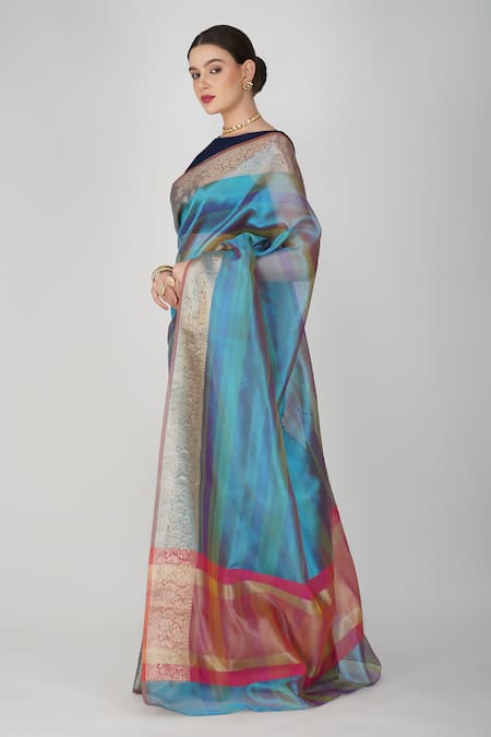 Zal From Benaras Blue Tissue Embroidery Floral Motif Hem Silk Saree at Aza Fashions Zal From Benaras_Blue Tissue Embroidery Floral Motif Hem Silk Saree _at_Aza_Fashions