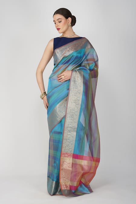 Buy Zal From Benaras Blue Tissue Embroidery Floral Motif Hem Silk Saree Buy_Zal From Benaras_Blue Tissue Embroidery Floral Motif Hem Silk Saree