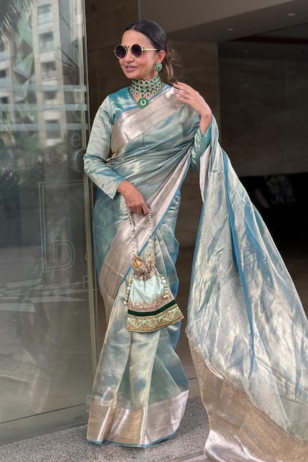 Shop Zal From Benaras Blue Silk, Tissue Woven Hem Saree With Blouse Piece at Aza Fashions Shop_Zal From Benaras_Blue Silk, Tissue Woven Hem Saree With Blouse Piece _at_Aza_Fashions