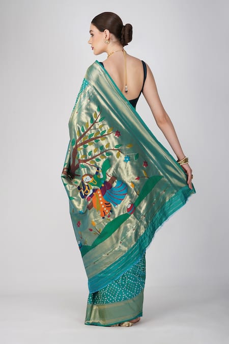 Shop Zal From Benaras Blue Silk Patchwork Round Neck Paithani Bandhej Work Saree at Aza Fashions Shop_Zal From Benaras_Blue Silk Patchwork Round Neck Paithani Bandhej Work Saree _at_Aza_Fashions