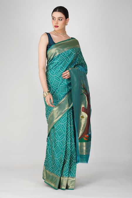 Zal From Benaras Blue Silk Patchwork Round Neck Paithani Bandhej Work Saree Online at Aza Fashions Zal From Benaras_Blue Silk Patchwork Round Neck Paithani Bandhej Work Saree _Online_at_Aza_Fashions