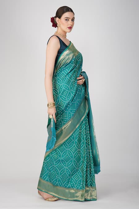 Buy Zal From Benaras Blue Silk Patchwork Round Neck Paithani Bandhej Work Saree Online at Aza Fashions Buy_Zal From Benaras_Blue Silk Patchwork Round Neck Paithani Bandhej Work Saree _Online_at_Aza_Fashions