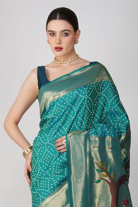 Shop Zal From Benaras Blue Silk Patchwork Round Neck Paithani Bandhej Work Saree Online at Aza Fashions Shop_Zal From Benaras_Blue Silk Patchwork Round Neck Paithani Bandhej Work Saree _Online_at_Aza_Fashions