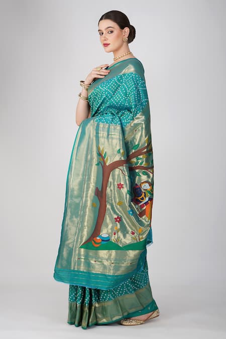 Zal From Benaras Blue Silk Patchwork Round Neck Paithani Bandhej Work Saree at Aza Fashions Zal From Benaras_Blue Silk Patchwork Round Neck Paithani Bandhej Work Saree _at_Aza_Fashions