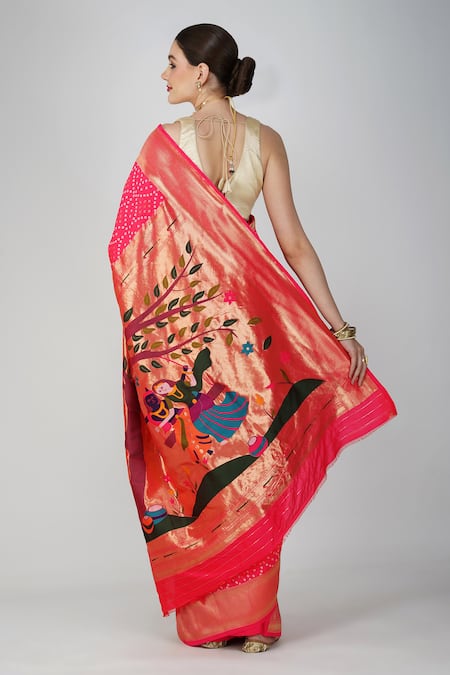 Zal From Benaras Paithani Bandhej Saree With Unstitched Blouse Piece 