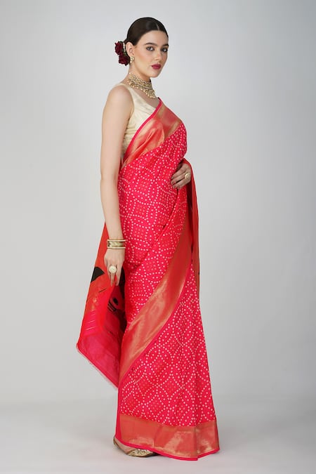 Buy_Zal From Benaras_Pink Silk Patchwork, Paithani Bandhej Saree With Unstitched Blouse Piece _Online_at_Aza_Fashions