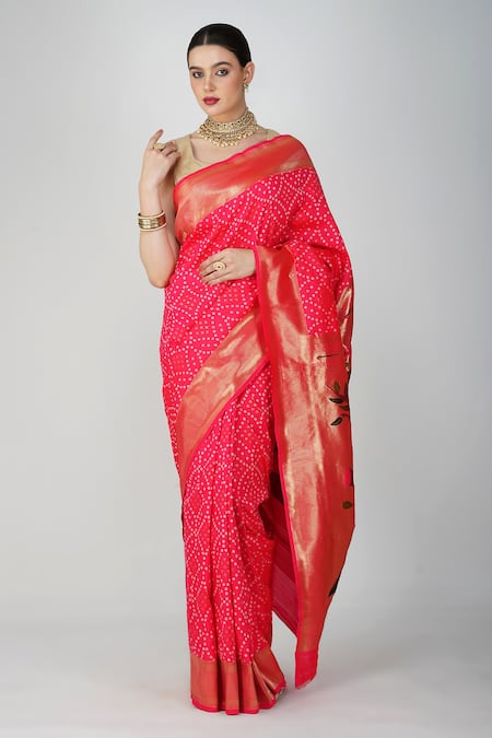 Shop_Zal From Benaras_Pink Silk Patchwork, Paithani Bandhej Saree With Unstitched Blouse Piece _Online_at_Aza_Fashions