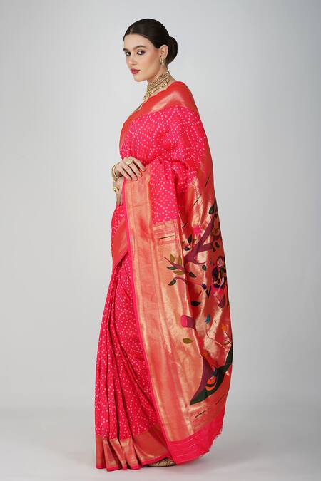 Zal From Benaras_Pink Silk Patchwork, Paithani Bandhej Saree With Unstitched Blouse Piece _at_Aza_Fashions