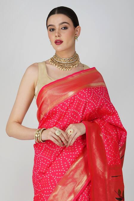Buy_Zal From Benaras_Pink Silk Patchwork, Paithani Bandhej Saree With Unstitched Blouse Piece 