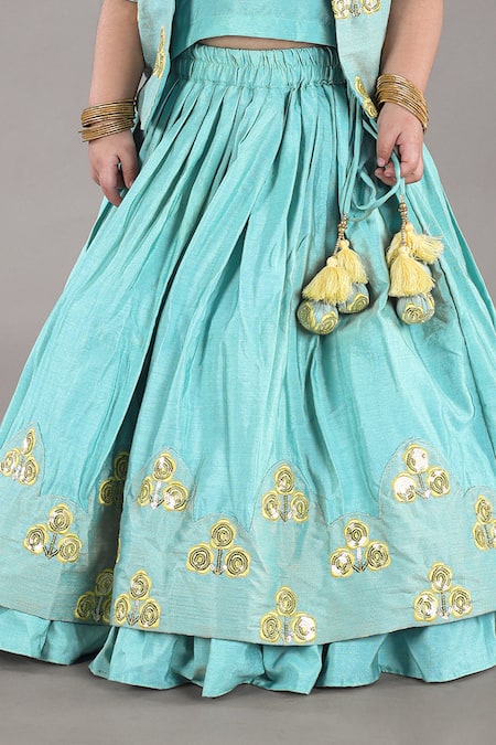 Buy Little Brats Aqua Cotton, Silk Sequins, Embroidery, Tassels Blue Lehenga Set Online at Aza Fashions Buy_Little Brats_Aqua Cotton, Silk Sequins, Embroidery, Tassels Blue Lehenga Set _Online_at_Aza_Fashions