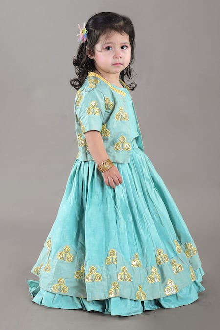 Shop Little Brats Aqua Cotton, Silk Sequins, Embroidery, Tassels Blue Lehenga Set Online at Aza Fashions Shop_Little Brats_Aqua Cotton, Silk Sequins, Embroidery, Tassels Blue Lehenga Set _Online_at_Aza_Fashions