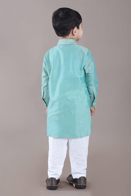 Shop Little Brats Green Cotton, Silk Sequins, Embroidery Aqua Pathani Kurta Set at Aza Fashions Shop_Little Brats_Green Cotton, Silk Sequins, Embroidery Aqua Pathani Kurta Set _at_Aza_Fashions