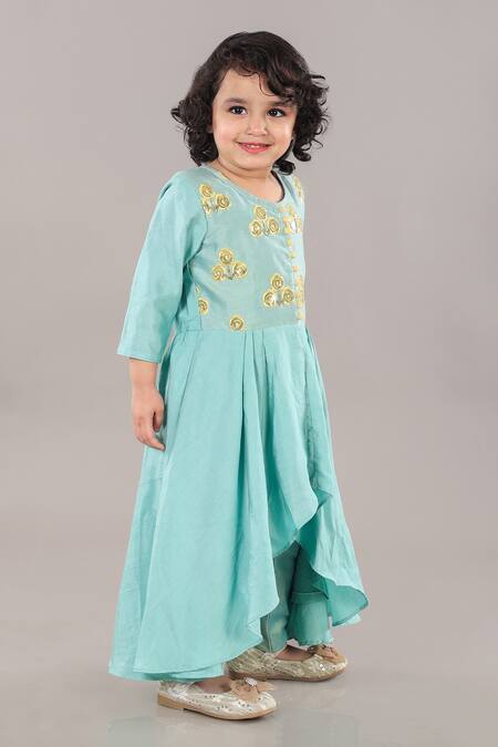 Little Brats_Green , Satin, Silk Sequins, Embroidery Floral Aqua Anarkali Set _Online_at_Aza_Fashions
