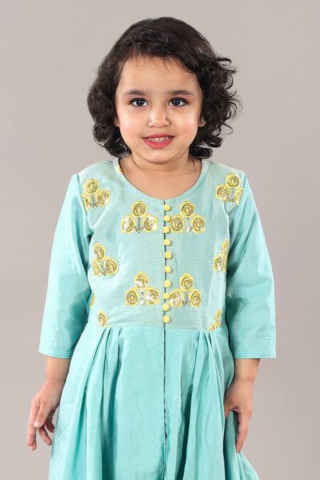 Buy_Little Brats_Green , Satin, Silk Sequins, Embroidery Floral Aqua Anarkali Set _Online_at_Aza_Fashions