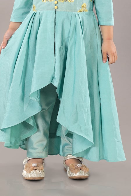 Shop_Little Brats_Green , Satin, Silk Sequins, Embroidery Floral Aqua Anarkali Set _Online_at_Aza_Fashions