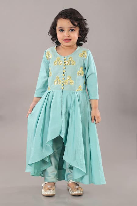 Little Brats_Green , Satin, Silk Sequins, Embroidery Floral Aqua Anarkali Set _at_Aza_Fashions