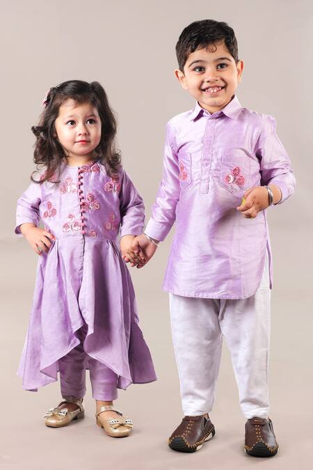 Little Brats Purple Cotton, Silk Sequins, Embroidery Floral Lavender Anarkali Set at Aza Fashions Little Brats_Purple Cotton, Silk Sequins, Embroidery Floral Lavender Anarkali Set _at_Aza_Fashions