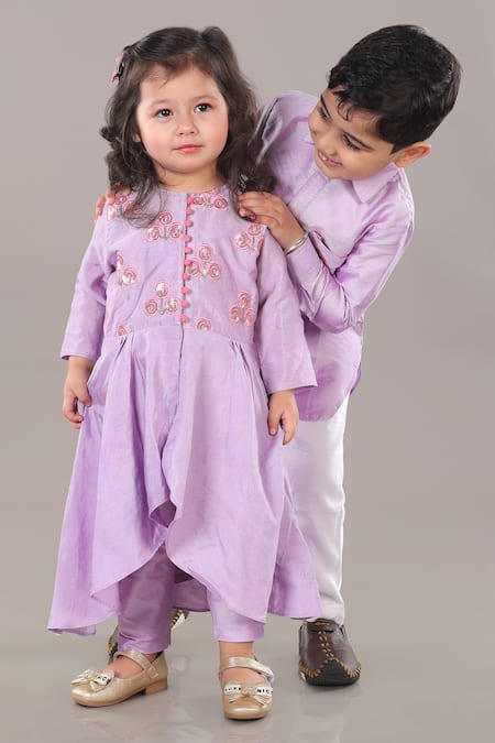 Buy Little Brats Purple Cotton, Silk Sequins, Embroidery Floral Lavender Anarkali Set Buy_Little Brats_Purple Cotton, Silk Sequins, Embroidery Floral Lavender Anarkali Set