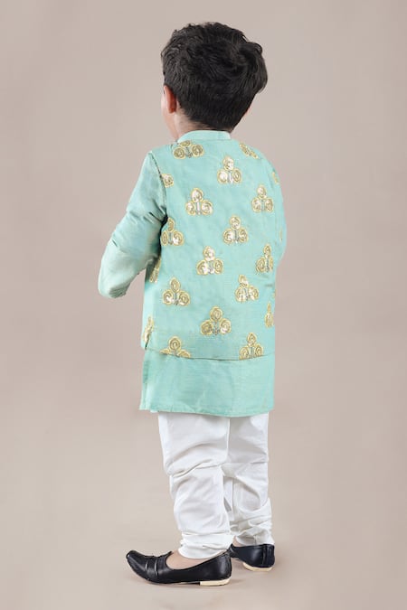 Shop Little Brats Green Cotton, Silk Sequins, Embroidery Floral Bundi And Kurta Set at Aza Fashions Shop_Little Brats_Green Cotton, Silk Sequins, Embroidery Floral Bundi And Kurta Set _at_Aza_Fashions