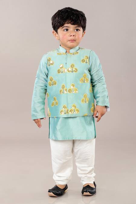 Shop Little Brats Green Cotton, Silk Sequins, Embroidery Floral Bundi And Kurta Set Online at Aza Fashions Shop_Little Brats_Green Cotton, Silk Sequins, Embroidery Floral Bundi And Kurta Set _Online_at_Aza_Fashions