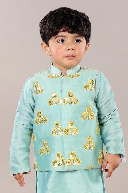 Little Brats Green Cotton, Silk Sequins, Embroidery Floral Bundi And Kurta Set at Aza Fashions Little Brats_Green Cotton, Silk Sequins, Embroidery Floral Bundi And Kurta Set _at_Aza_Fashions