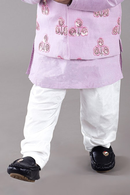 Little Brats_Purple , Silk, Satin Sequins, Embroidery Floral Kurta And Bundi Set _Online_at_Aza_Fashions