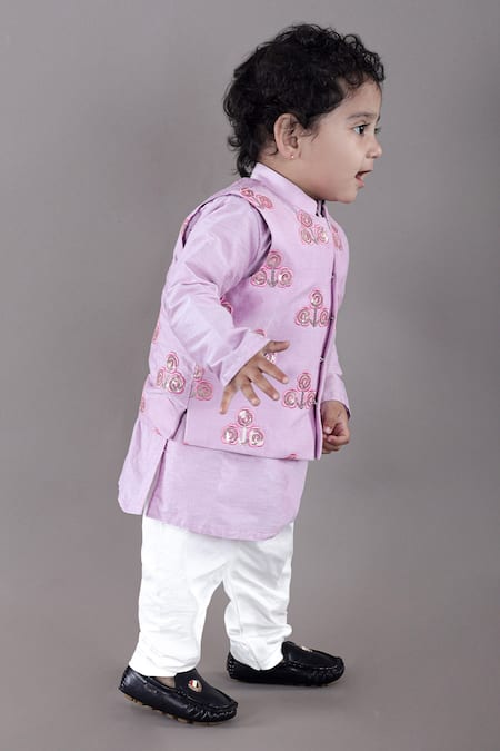 Buy_Little Brats_Purple , Silk, Satin Sequins, Embroidery Floral Kurta And Bundi Set _Online_at_Aza_Fashions