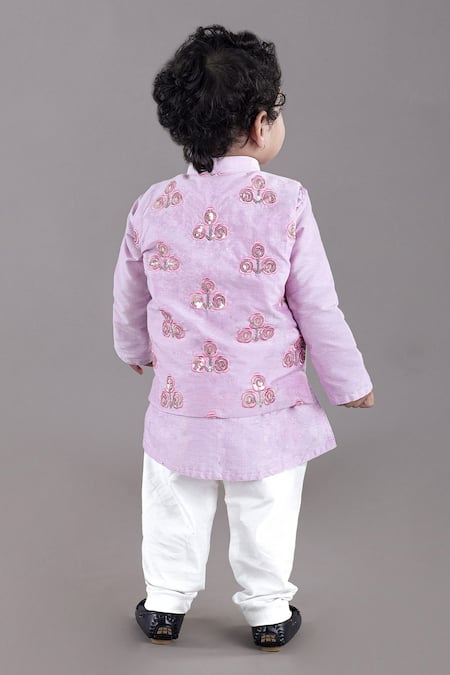 Shop_Little Brats_Purple , Silk, Satin Sequins, Embroidery Floral Kurta And Bundi Set _at_Aza_Fashions