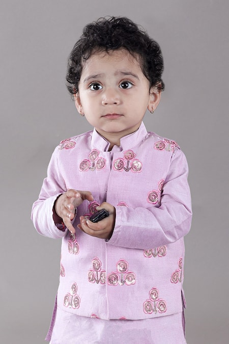 Shop_Little Brats_Purple , Silk, Satin Sequins, Embroidery Floral Kurta And Bundi Set _Online_at_Aza_Fashions