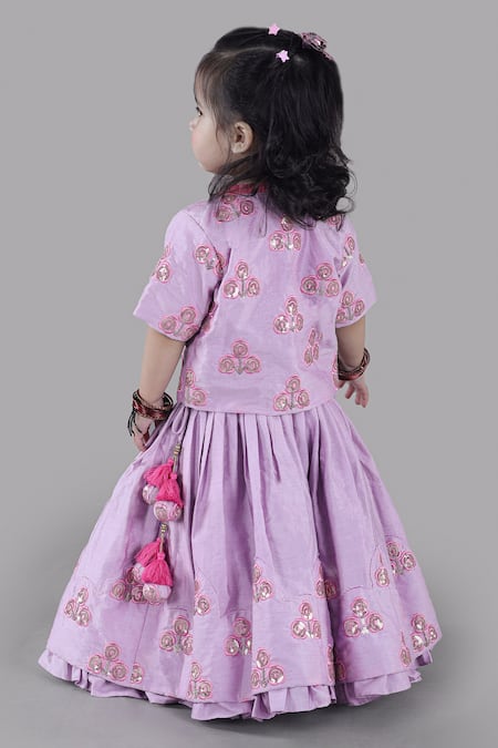 Shop Little Brats Lavender Cotton, Silk Sequins, Embroidery Floral Jacket Lehenga Set at Aza Fashions Shop_Little Brats_Lavender Cotton, Silk Sequins, Embroidery Floral Jacket Lehenga Set _at_Aza_Fashions