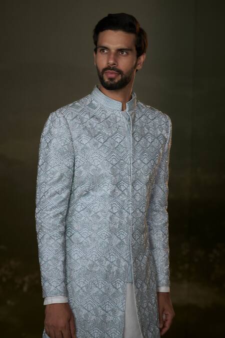 Nitika Gujral Blue Silk, Cotton Beads, Crystals, Embroidery Sherwani Set at Aza Fashions Nitika Gujral_Blue Silk, Cotton Beads, Crystals, Embroidery Sherwani Set _at_Aza_Fashions