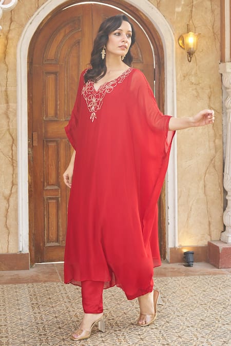 Shop_Negra Elegante_Red Georgette, Cotton, Modal Zari V-neck Zardozi Embroidered Kaftan And Pant Set _Online_at_Aza_Fashions