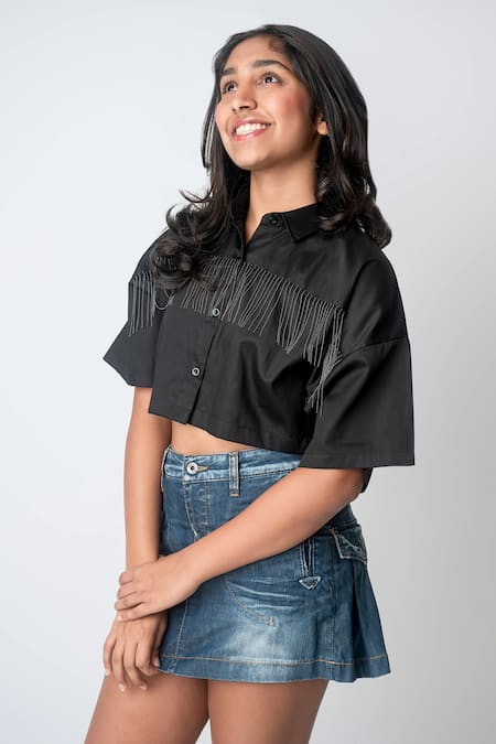 Mi Dulce An'ya Black Beaded Fringe Crop Shirt 