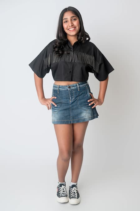 Shop_MI Dulce AN'YA_Black Cotton Beads Fringe Crop Shirt _Online_at_Aza_Fashions