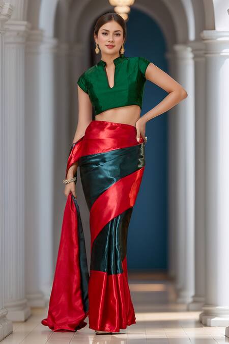 Samyukta Singhania Green Silk Mandarin Collar Smocked Blouse at Aza Fashions Samyukta Singhania_Green Silk Mandarin Collar Smocked Blouse_at_Aza_Fashions