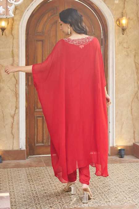 Negra Elegante Zardozi Embroidered Red Kaftan & Pant Set 