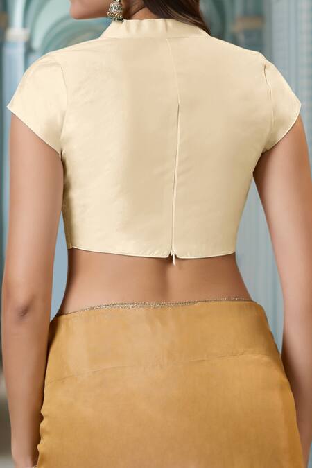 Shop Samyukta Singhania Off White Silk Mandarin Collar Solid Smocked Panel Blouse at Aza Fashions Shop_Samyukta Singhania_Off White Silk Mandarin Collar Solid Smocked Panel Blouse_at_Aza_Fashions