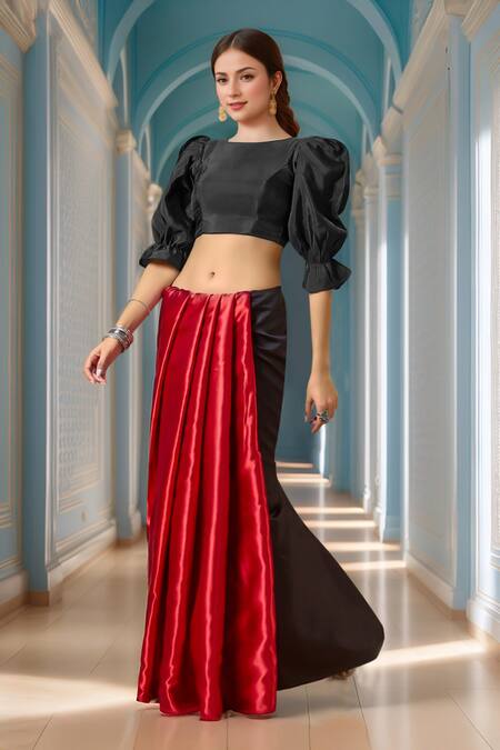 Samyukta Singhania Black Silk Round Neck Puff Sleeve Padded Blouse at Aza Fashions Samyukta Singhania_Black Silk Round Neck Puff Sleeve Padded Blouse_at_Aza_Fashions