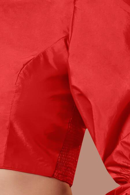 Samyukta Singhania Red , Satin Round Neck Puff Sleeve Blouse Online at Aza Fashions Samyukta Singhania_Red , Satin Round Neck Puff Sleeve Blouse_Online_at_Aza_Fashions