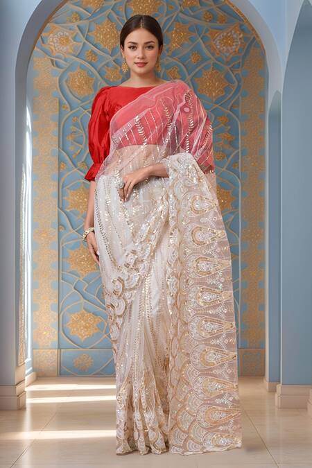 Shop Samyukta Singhania Red , Satin Round Neck Puff Sleeve Blouse Online at Aza Fashions Shop_Samyukta Singhania_Red , Satin Round Neck Puff Sleeve Blouse_Online_at_Aza_Fashions