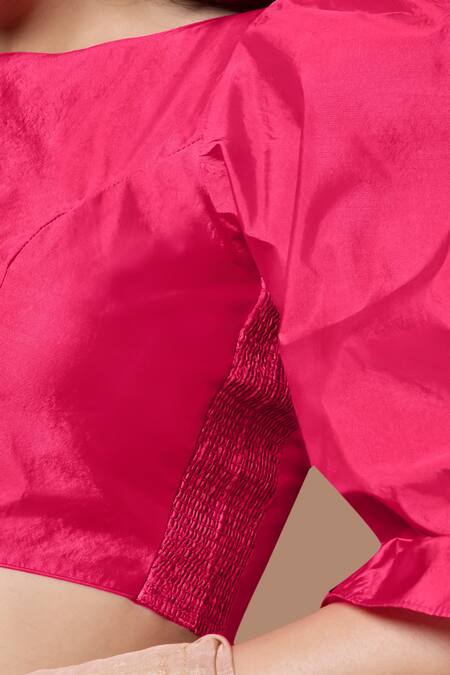 Samyukta Singhania Pink , Satin Round Neck Puff Sleeve Smocked Blouse Online at Aza Fashions Samyukta Singhania_Pink , Satin Round Neck Puff Sleeve Smocked Blouse_Online_at_Aza_Fashions