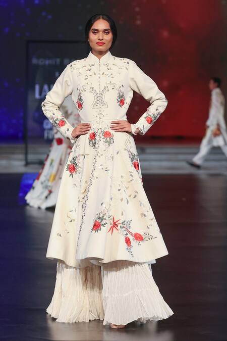 Rohit Bal_Ivory Silk Embroidery, Sequins, Applique Mandarin Collar Floral Long Jacket _Online_at_Aza_Fashions