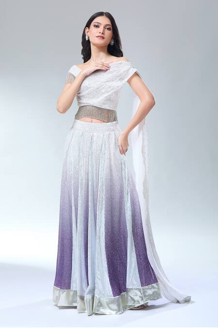 Divya Kanakia_Multi Color Net, Georgette, Linen Sequins, Tassels Silver Ombre Lehenga Set _at_Aza_Fashions