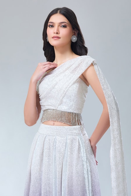 Buy_Divya Kanakia_Multi Color Net, Georgette, Linen Sequins, Tassels Silver Ombre Lehenga Set 