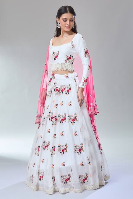 Divya Kanakia Off White Georgette, Lycra, Crepe Pearls, Embroidery, Floral Lehenga Set Online at Aza Fashions Divya Kanakia_Off White Georgette, Lycra, Crepe Pearls, Embroidery, Floral Lehenga Set _Online_at_Aza_Fashions