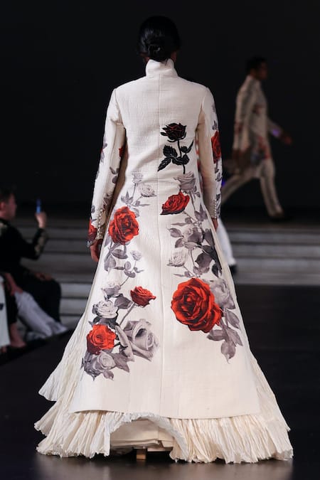 Rohit Bal Rose Print Quilted Long Jacket 